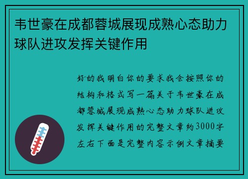 韦世豪在成都蓉城展现成熟心态助力球队进攻发挥关键作用